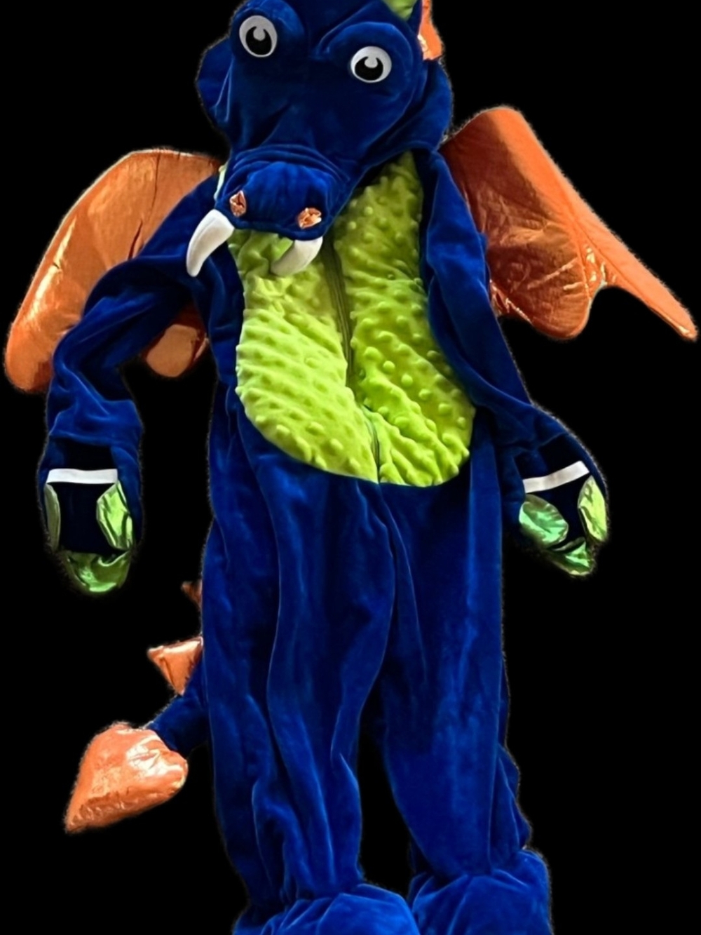 Kids Blue Dragon Costume with Green Belly and Orange Wings